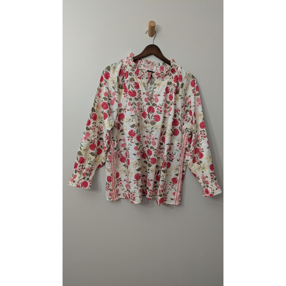 Talbots Womens Floral Top 2XP Cottagecore Puff Sleeve Ruffle Collar Side Button